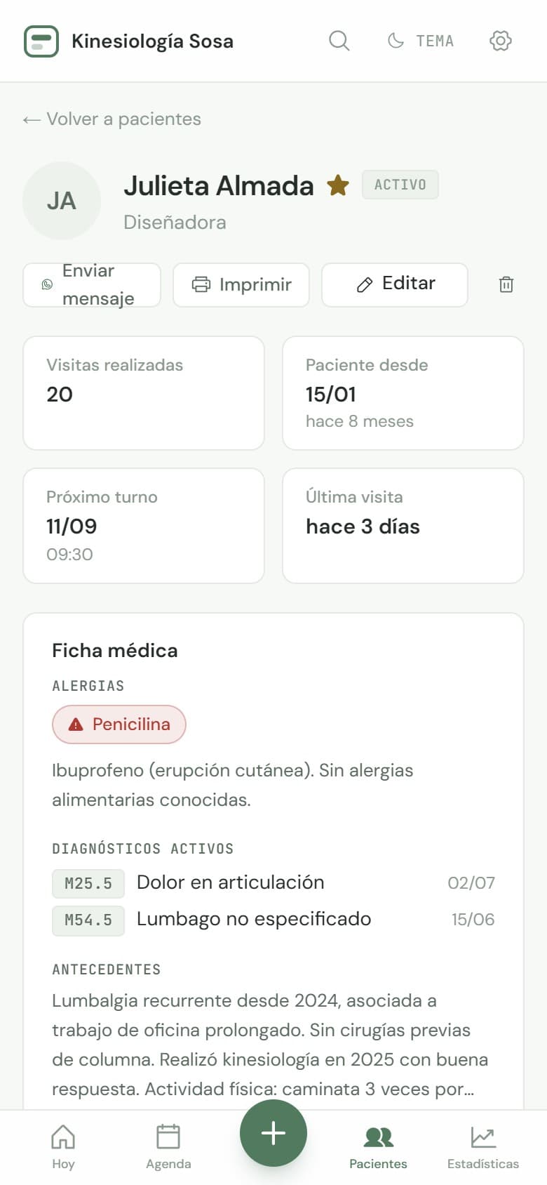 Ficha de un paciente con su historial