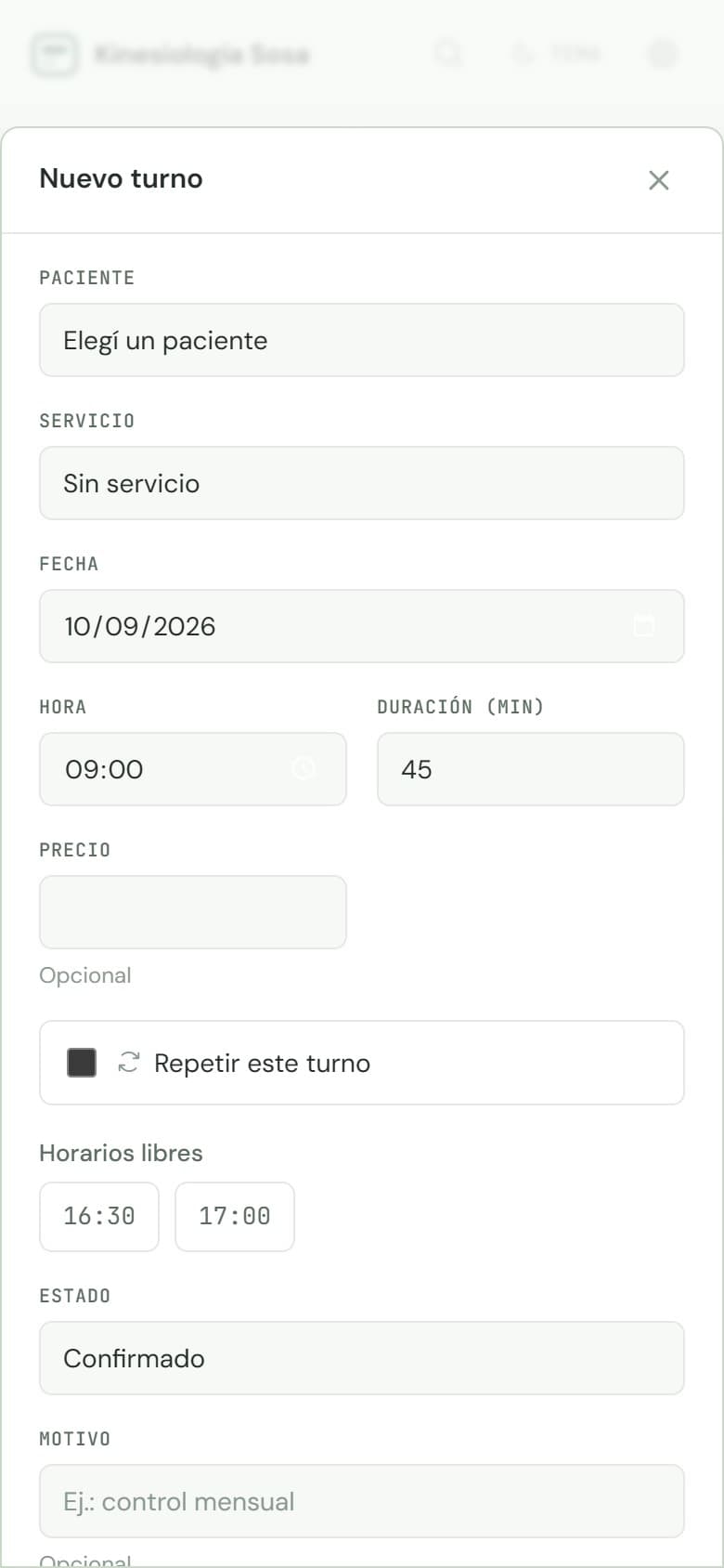 Formulario para cargar un turno nuevo